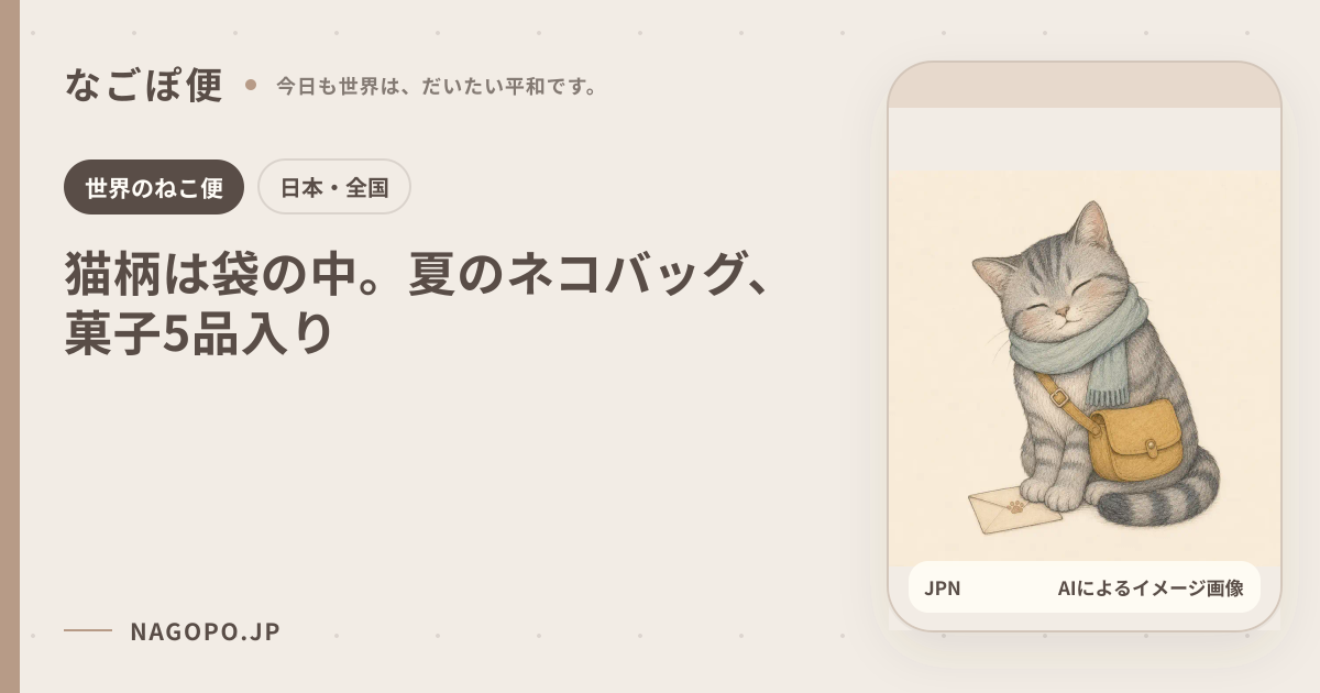 猫柄は袋の中。夏のネコバッグ、菓子5品入りのAIによるイメージ画像
