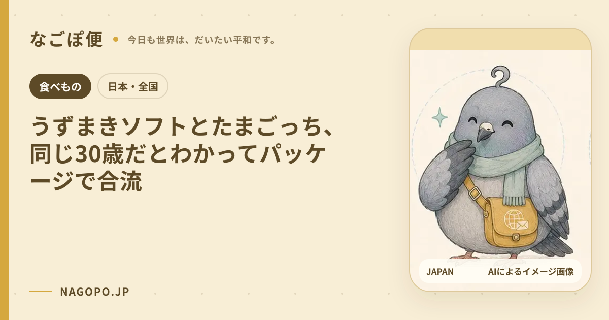 うずまきソフトとたまごっち、同じ30歳だとわかってパッケージで合流のAIによるイメージ画像